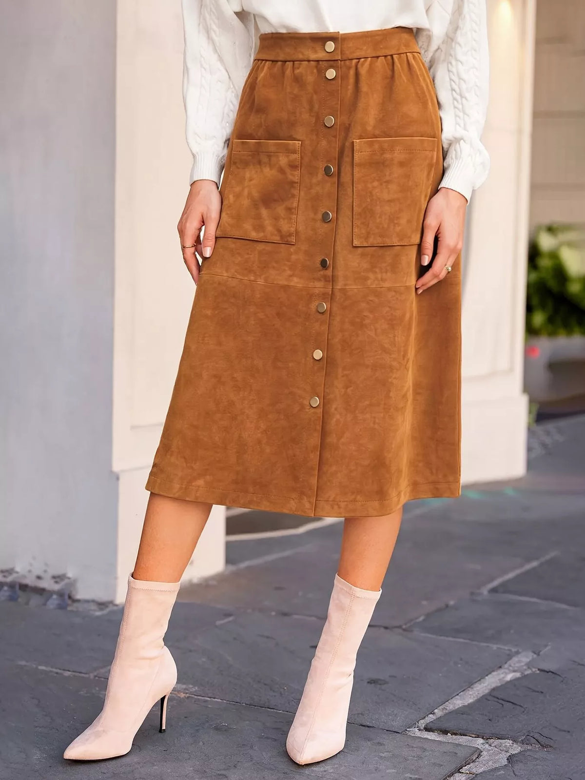 Jupe midi boutonnée à poches caramel pour femme – vue 1