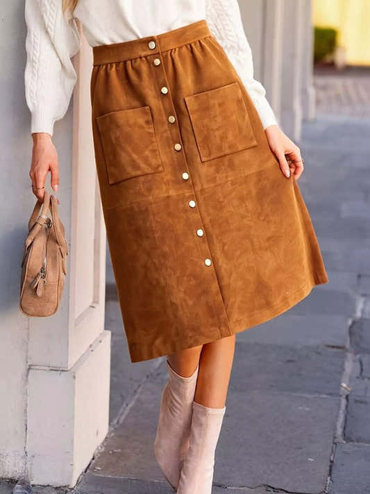 Jupe midi boutonnée à poches caramel pour femme – vue 2