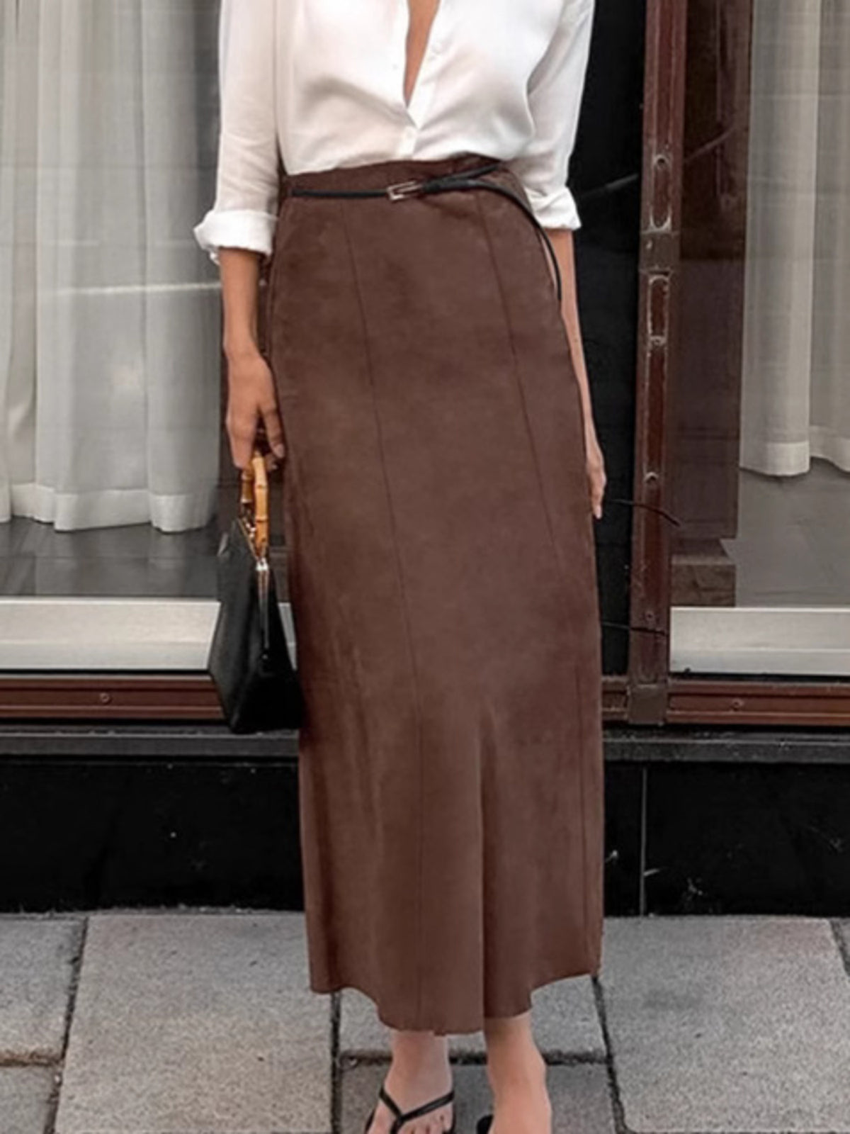 Jupe midi effet daim marron foncé pour femme – vue 1