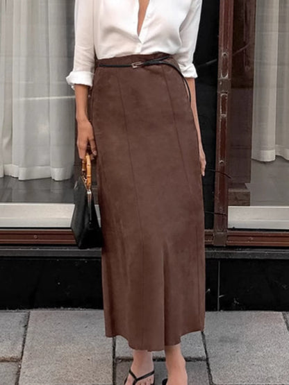 Jupe midi effet daim marron foncé pour femme – vue 1