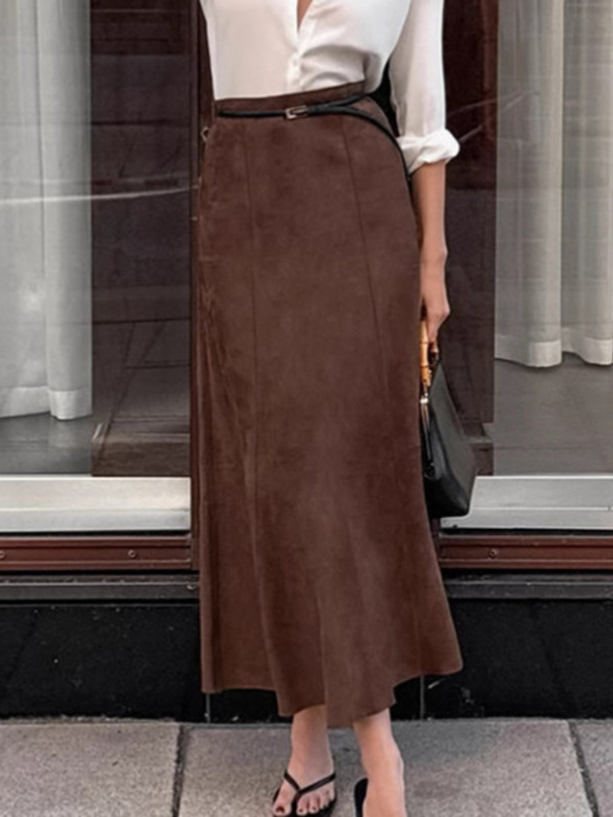 Jupe midi effet daim marron foncé pour femme – vue 2