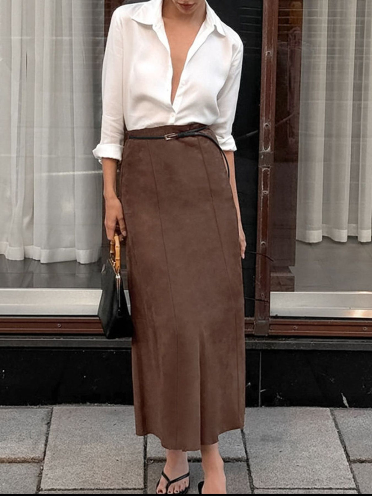 Jupe midi effet daim marron foncé pour femme – vue 3