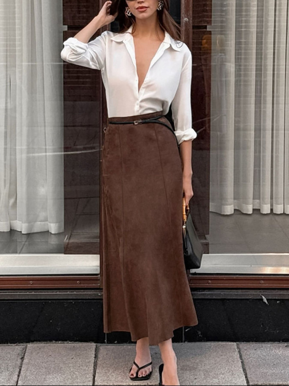 Jupe midi effet daim marron foncé pour femme – vue 4