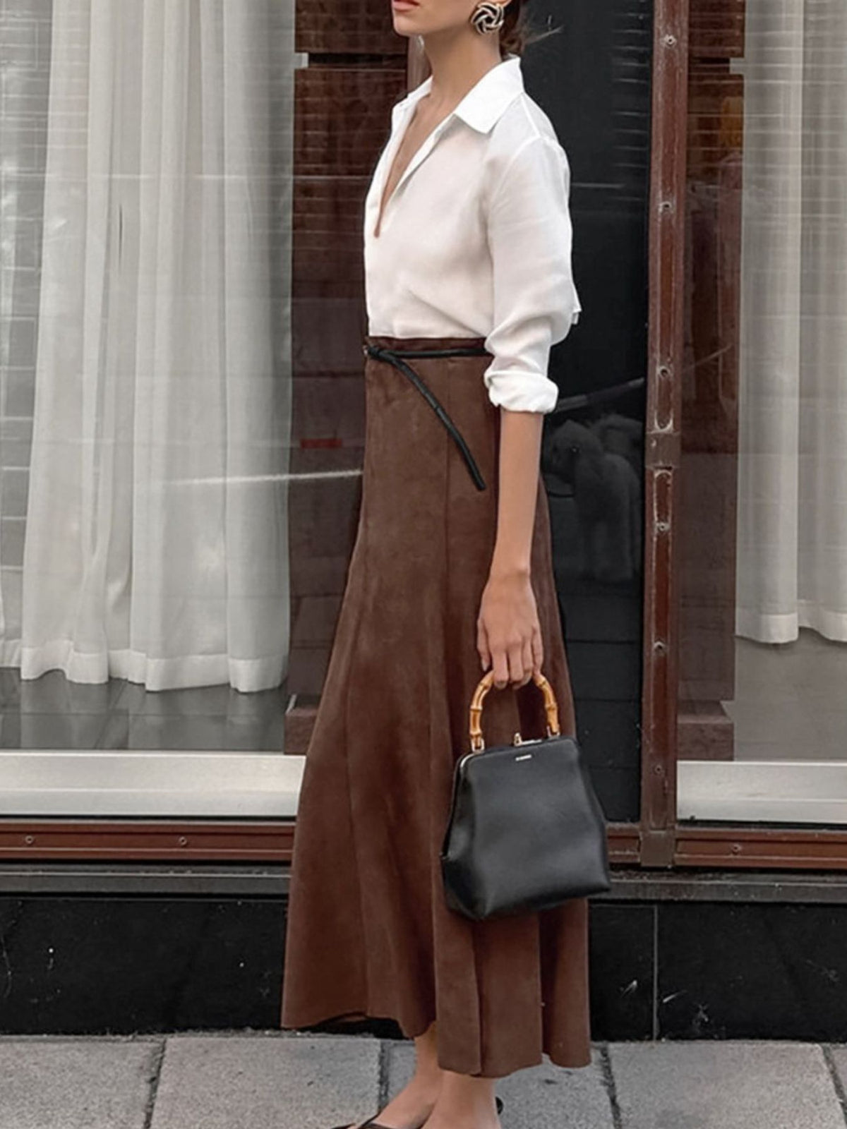 Jupe midi effet daim marron foncé pour femme – vue 5