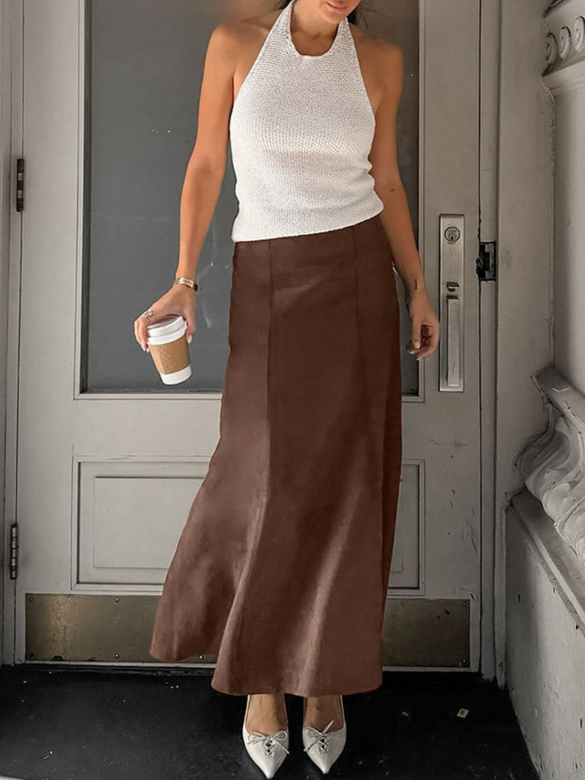 Jupe midi effet daim marron foncé pour femme – vue 6