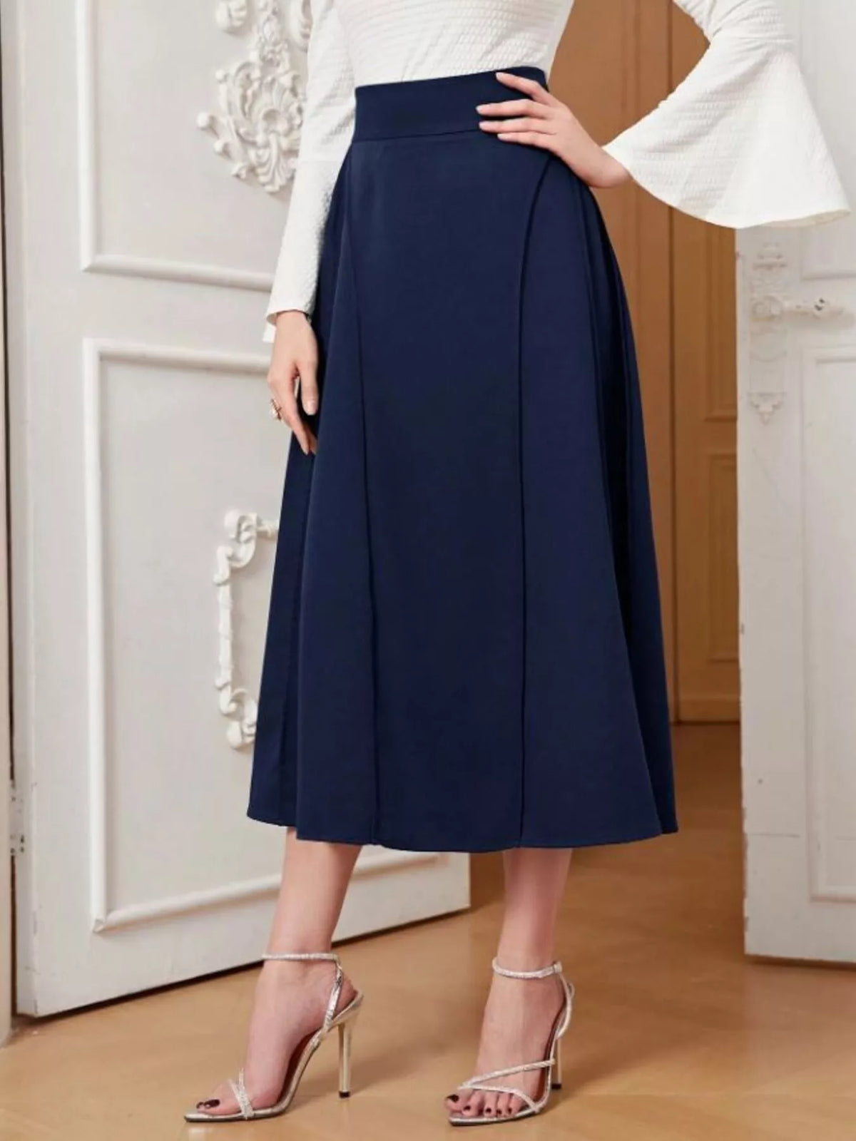 Jupe midi évasée à zip bleu foncé pour femme – vue 1