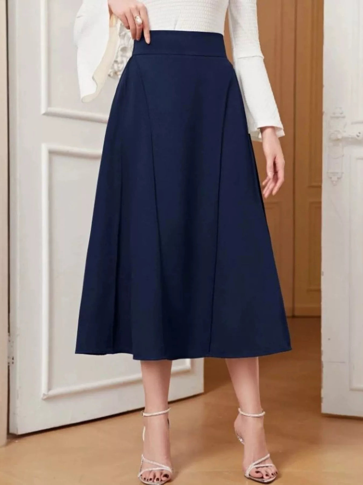 Jupe midi évasée à zip bleu foncé pour femme – vue 3