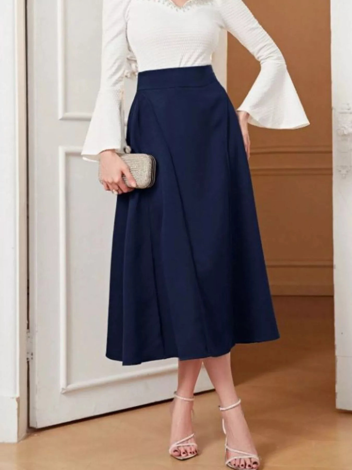 Jupe midi évasée à zip bleu foncé pour femme – vue 5