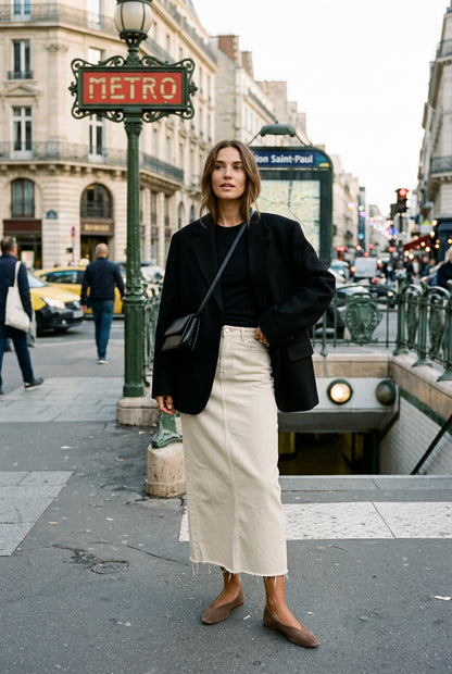 Jupe midi fendue en coton beige pour femme – vue 1
