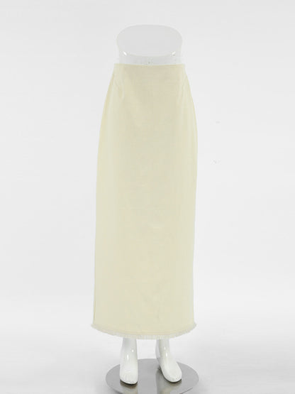 Jupe midi fendue en coton beige pour femme – vue 5