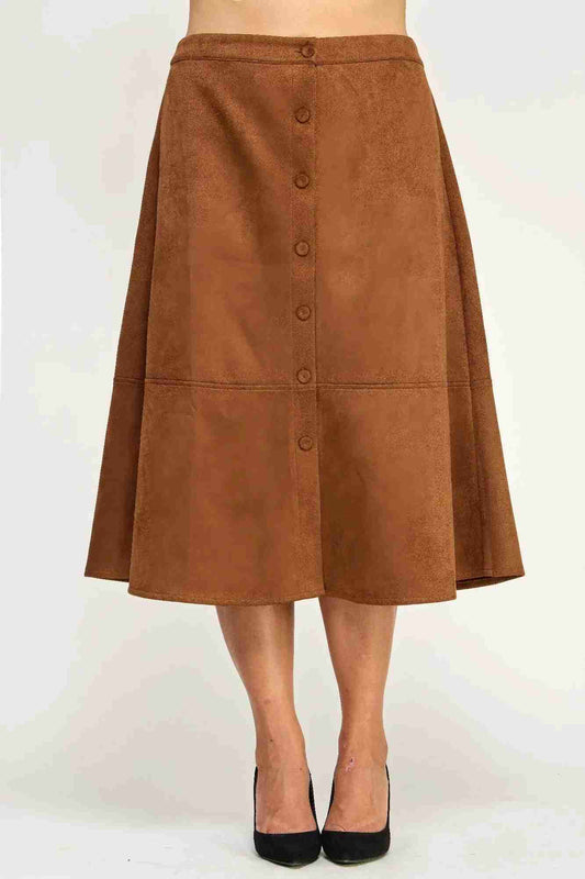 Jupe Midi Grande Taille Faux Suède Marron Boutonnage Devant Ligne A Femme Oléna-Fashion