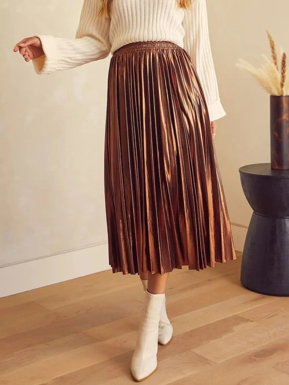 Jupe midi plissée opaque marron pour femme – vue 1