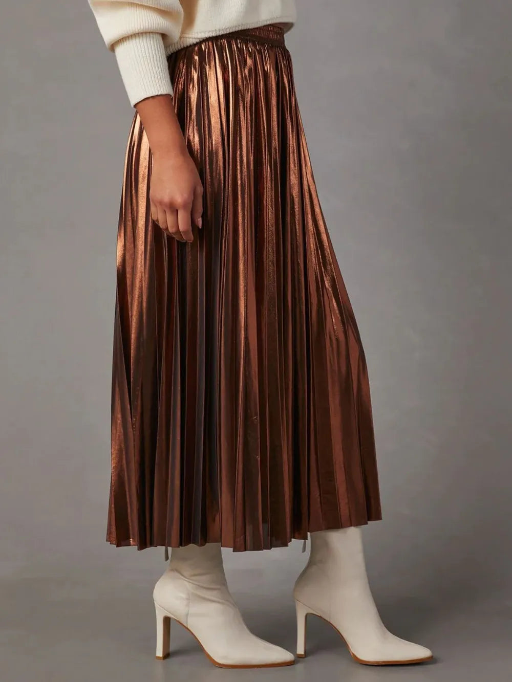 Jupe midi plissée opaque marron pour femme – vue 2