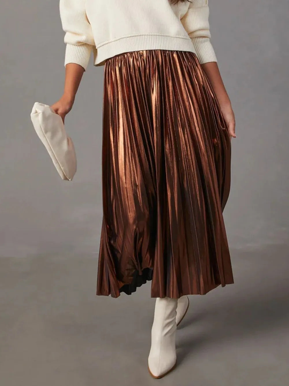 Jupe midi plissée opaque marron pour femme – vue 3