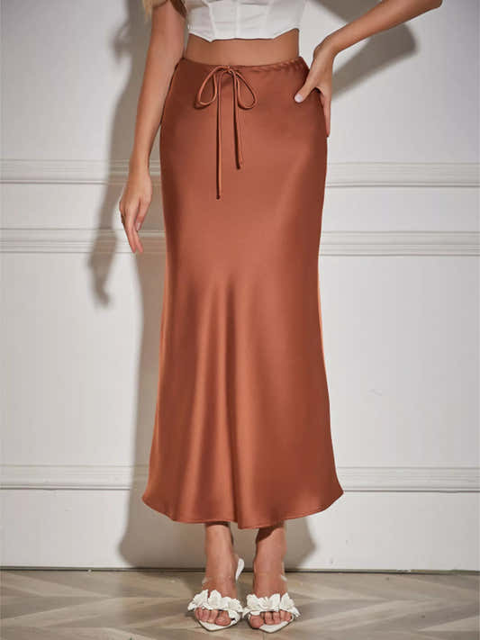 Jupe midi satinée à cordon de serrage marron pour femme – vue 1