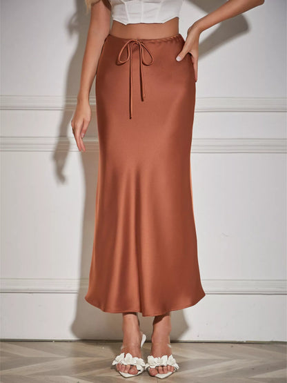 Jupe midi satinée à cordon de serrage marron pour femme – vue 1