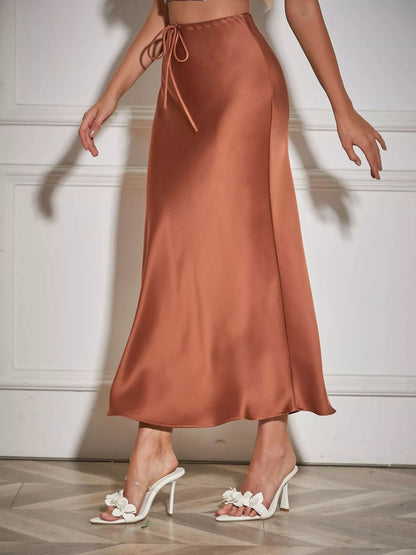 Jupe midi satinée à cordon de serrage marron pour femme – vue 3