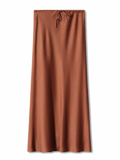 Jupe midi satinée à cordon de serrage marron pour femme – vue 4