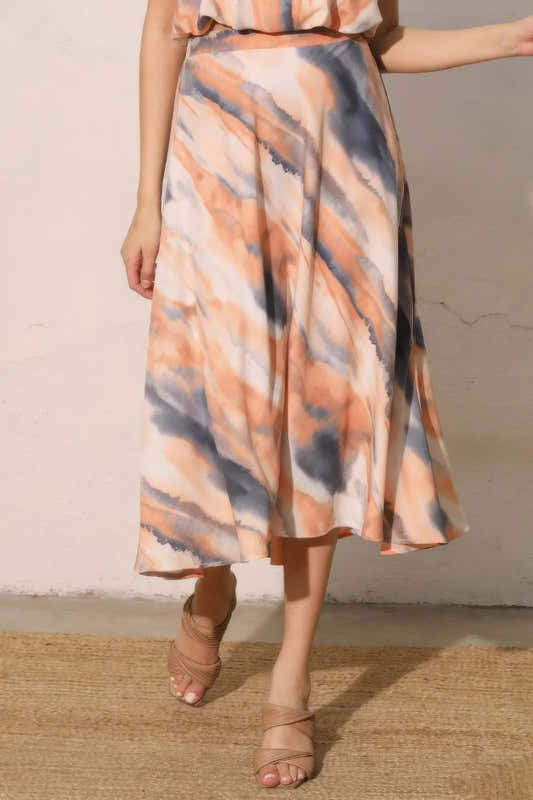 Jupe midi tie-dye pêche et bleu à basques, coupe évasée
