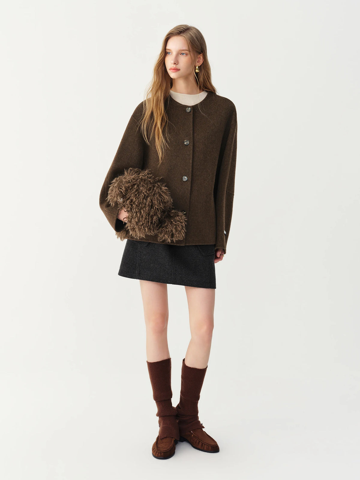 Manteau court en laine à col en fourrure amovible pour femme – vue 2