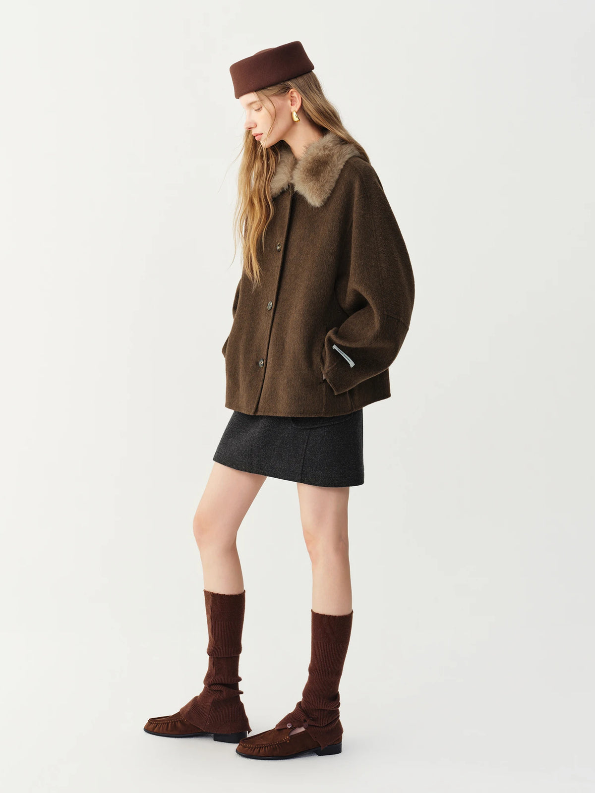 Manteau court en laine à col en fourrure amovible pour femme – vue 3