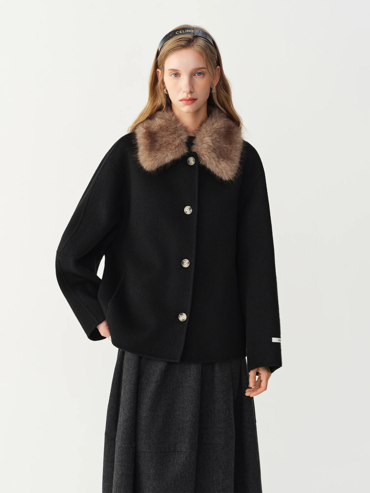 Manteau court en laine à col en fourrure amovible pour femme – vue 4