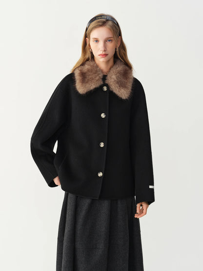 Manteau court en laine à col en fourrure amovible pour femme – vue 4