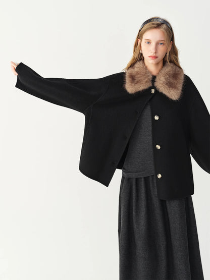 Manteau court en laine à col en fourrure amovible pour femme – vue 5