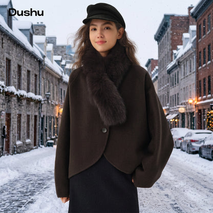 Manteau court en laine pour femme, col en fourrure – vue 1