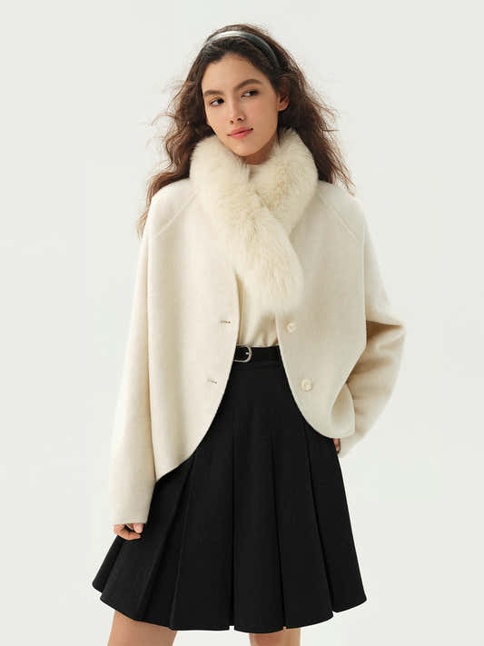 Manteau court en laine pour femme, col en fourrure – vue 2