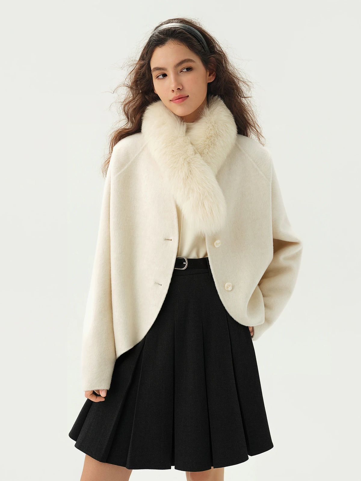 Manteau court en laine pour femme, col en fourrure – vue 2