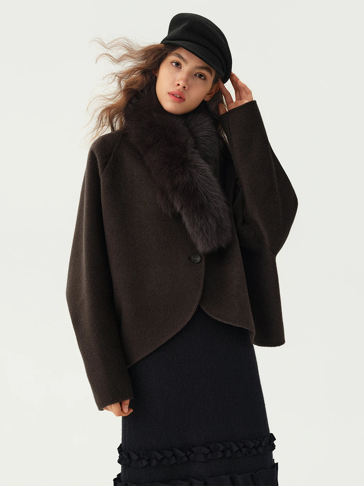 Manteau court en laine pour femme, col en fourrure – vue 5