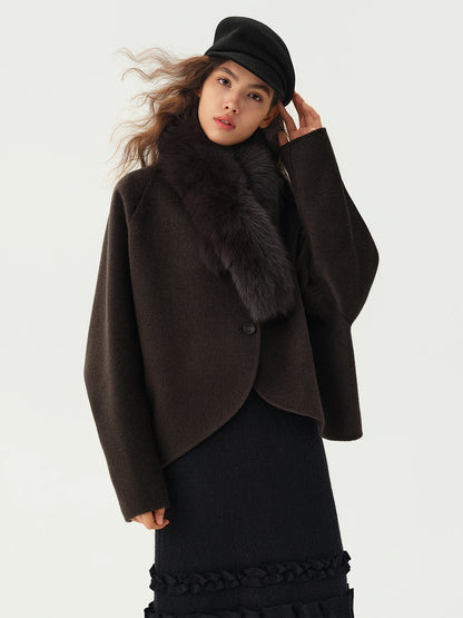 Manteau court en laine pour femme, col en fourrure – vue 5