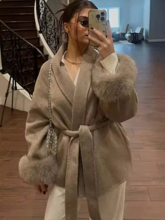 Manteau femme en laine mélangée noir, col revers et ceinture à nouer – vue 2