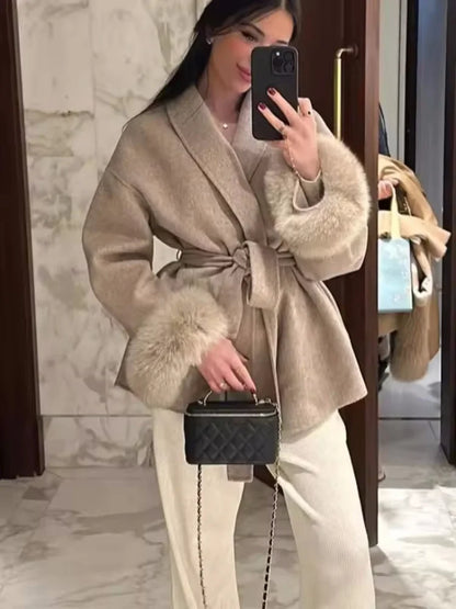 Manteau femme en laine mélangée noir, col revers et ceinture à nouer – vue 3