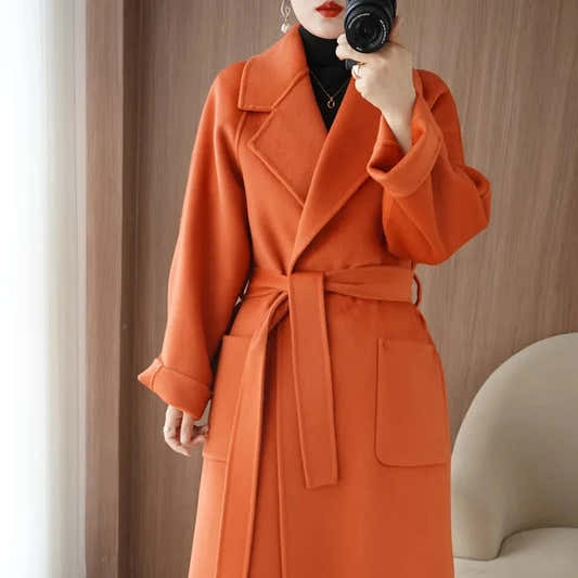Manteau long femme en laine double face avec ceinture – vue 1