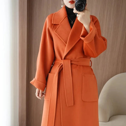 Manteau long femme en laine double face avec ceinture – vue 1
