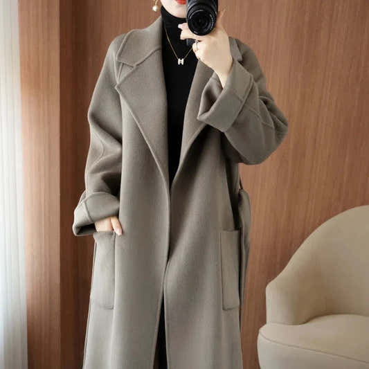Manteau long femme en laine double face avec ceinture – vue 2