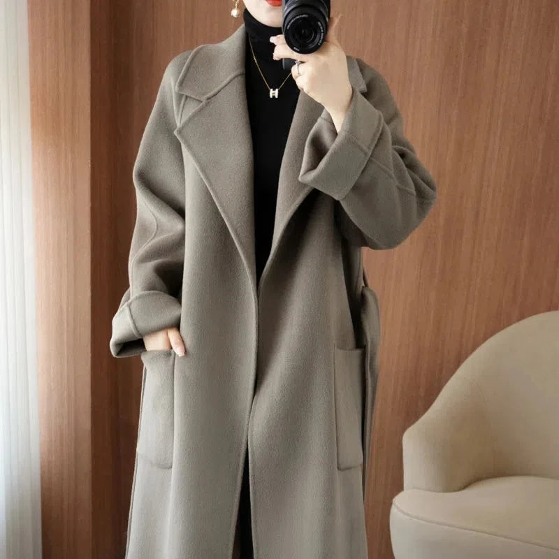 Manteau long femme en laine double face avec ceinture – vue 2