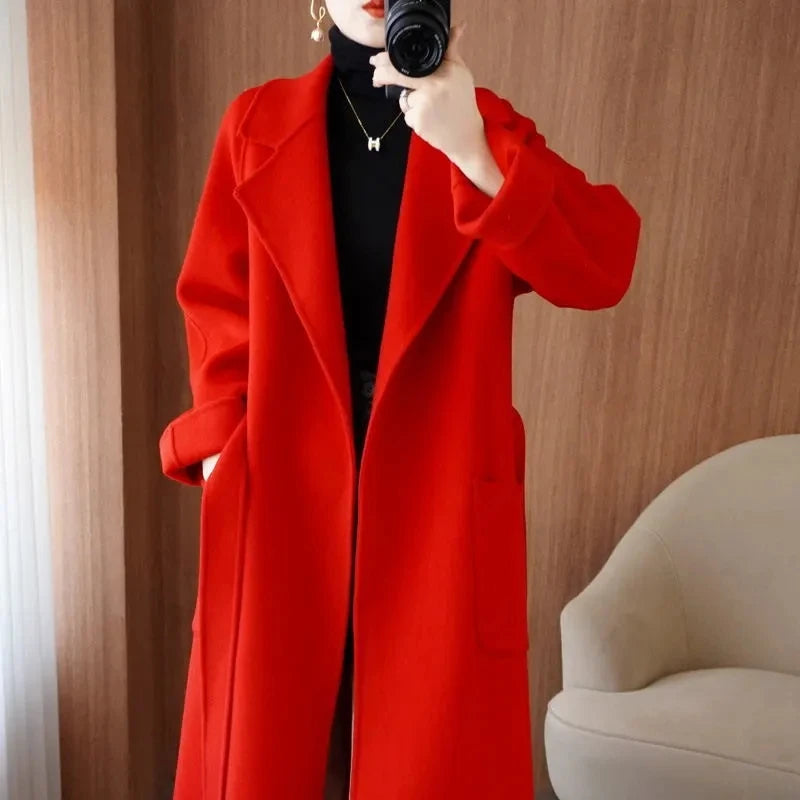 Manteau long femme en laine double face avec ceinture – vue 3