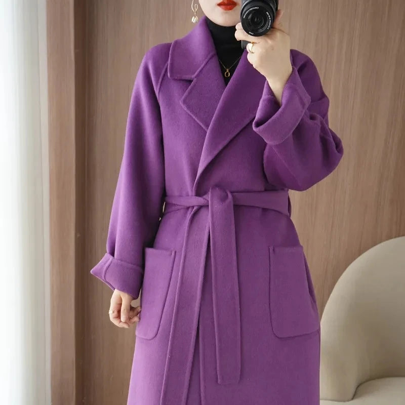 Manteau long femme en laine double face avec ceinture – vue 4