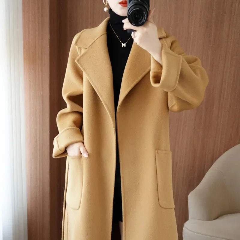 Manteau long femme en laine double face avec ceinture – vue 6