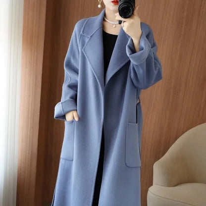 Manteau long femme en laine double face avec ceinture – vue 8