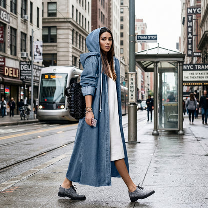 Manteau long en jean à capuche pour femme – vue 1