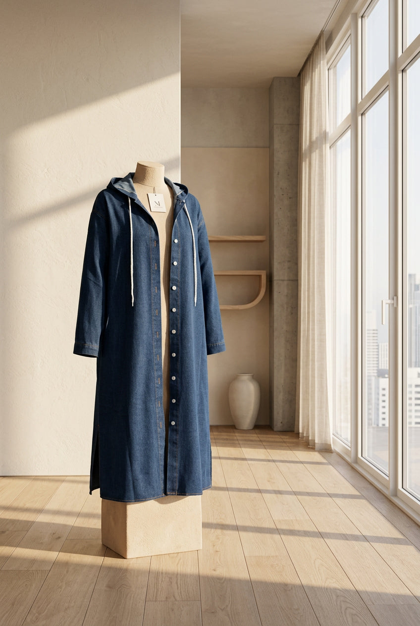Manteau long en jean à capuche pour femme – vue 2
