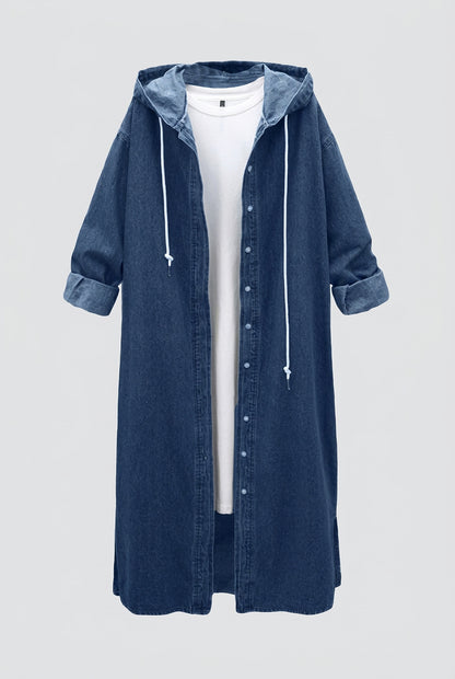 Manteau long en jean à capuche pour femme – vue 3