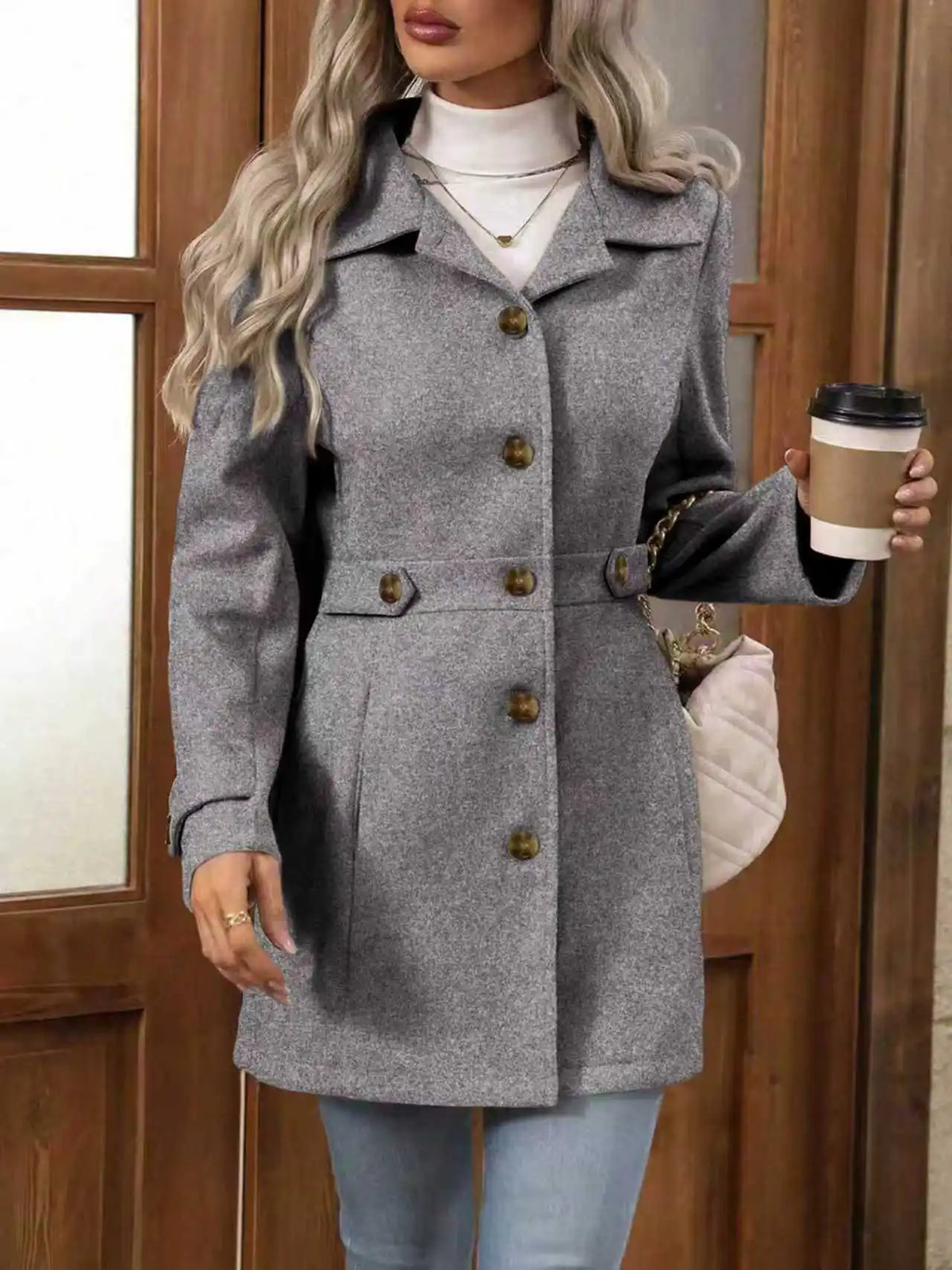 Manteau mi-long en laine pour femme, col rabattu – vue 10