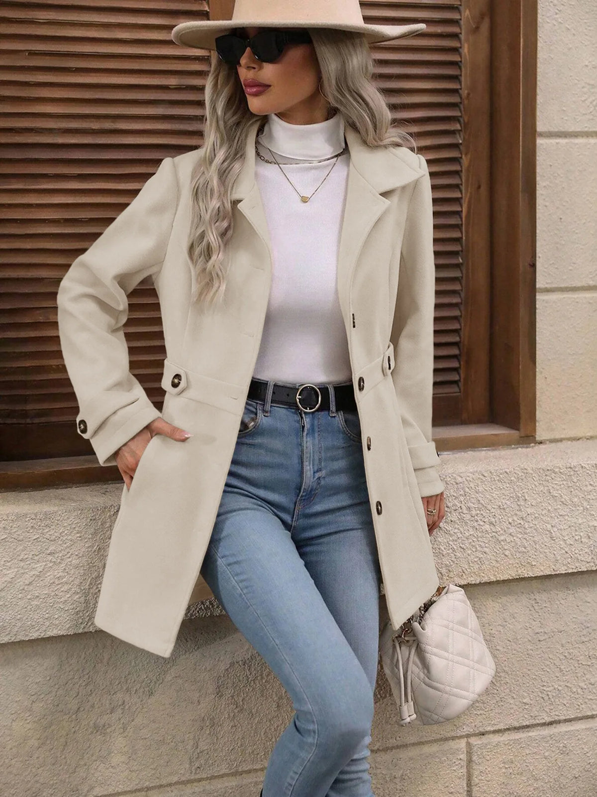 Manteau mi-long en laine pour femme, col rabattu – vue 3