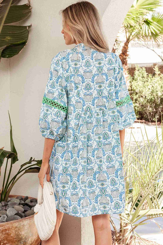 Mini Robe Loose Bleu Ciel Imprimé Paisley Bohème Manches Bracelet Femme by Shewin