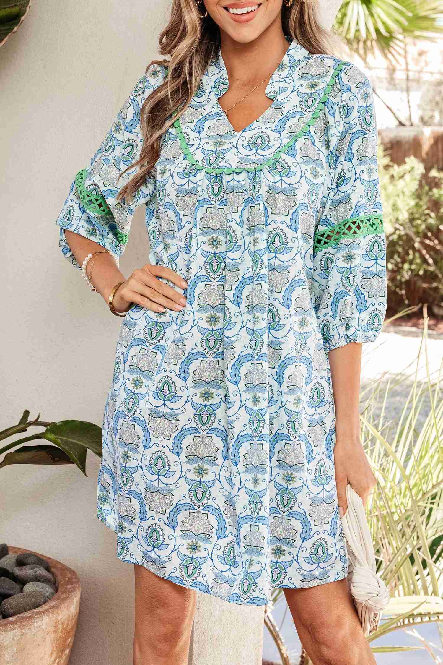 Mini Robe Loose Bleu Ciel Imprimé Paisley Bohème Manches Bracelet Femme by Shewin
